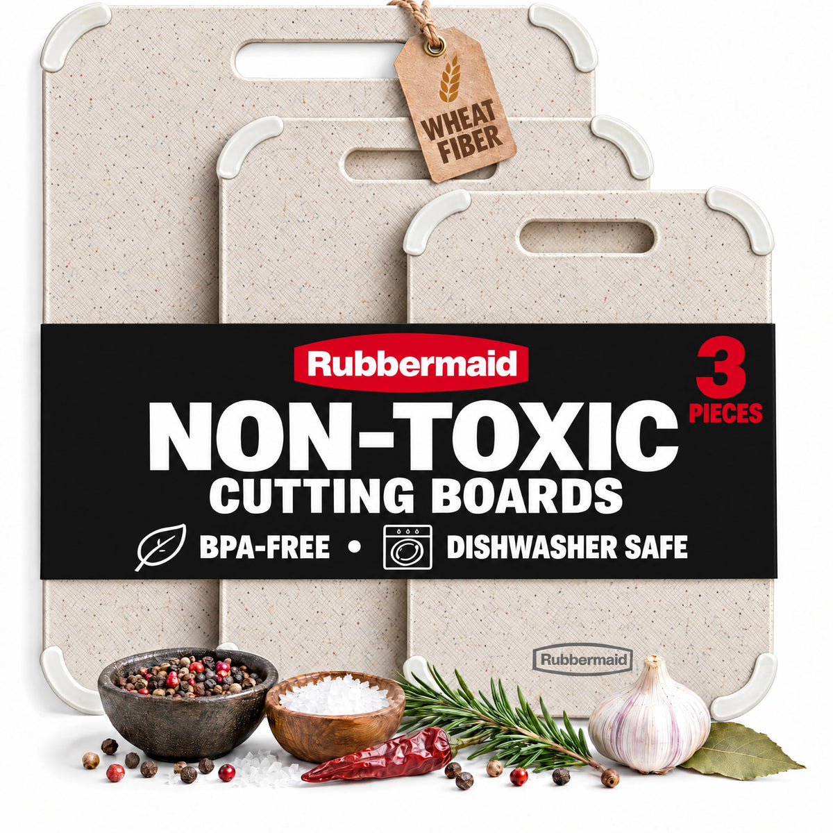 Rubbermaid 3pc Reversible Wheat Fiber Cutting Board Set | BPA Free Non Toxic Cutting Boards for Kitchen – Dishwasher Safe, Non-Slip Corners & Lightweight | For Meat, Veggies & Fruits