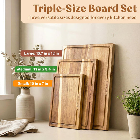 EDELHAUS Acacia Wood Cutting Boards for Kitchen Set of 3, Juice Groove