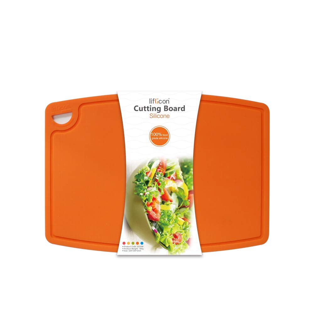 Liflicon Thick Silicone Cutting Board 12.6'' x 9.1'' Juice Grooves Easy Grip Handle Dishwasher Safe-Red