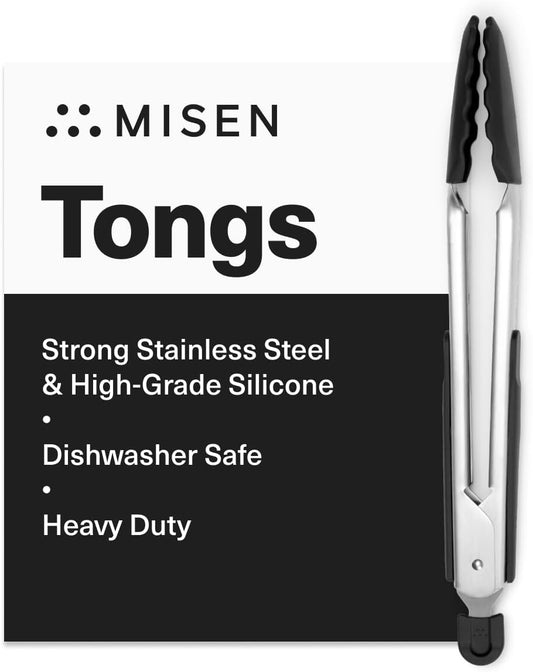 Misen Kitchen Tongs - Dishwasher Safe, Heavy Duty - Precision Silicone-Tipped Grilling Tool - Heat Resistant, Nonstick Safe - Perfect for Serving and Air Frying- 13 Inch | Black