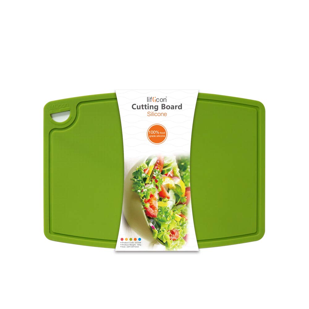 Liflicon Thick Silicone Cutting Board 12.6'' x 9.1'' Juice Grooves Easy Grip Handle Dishwasher Safe-Red