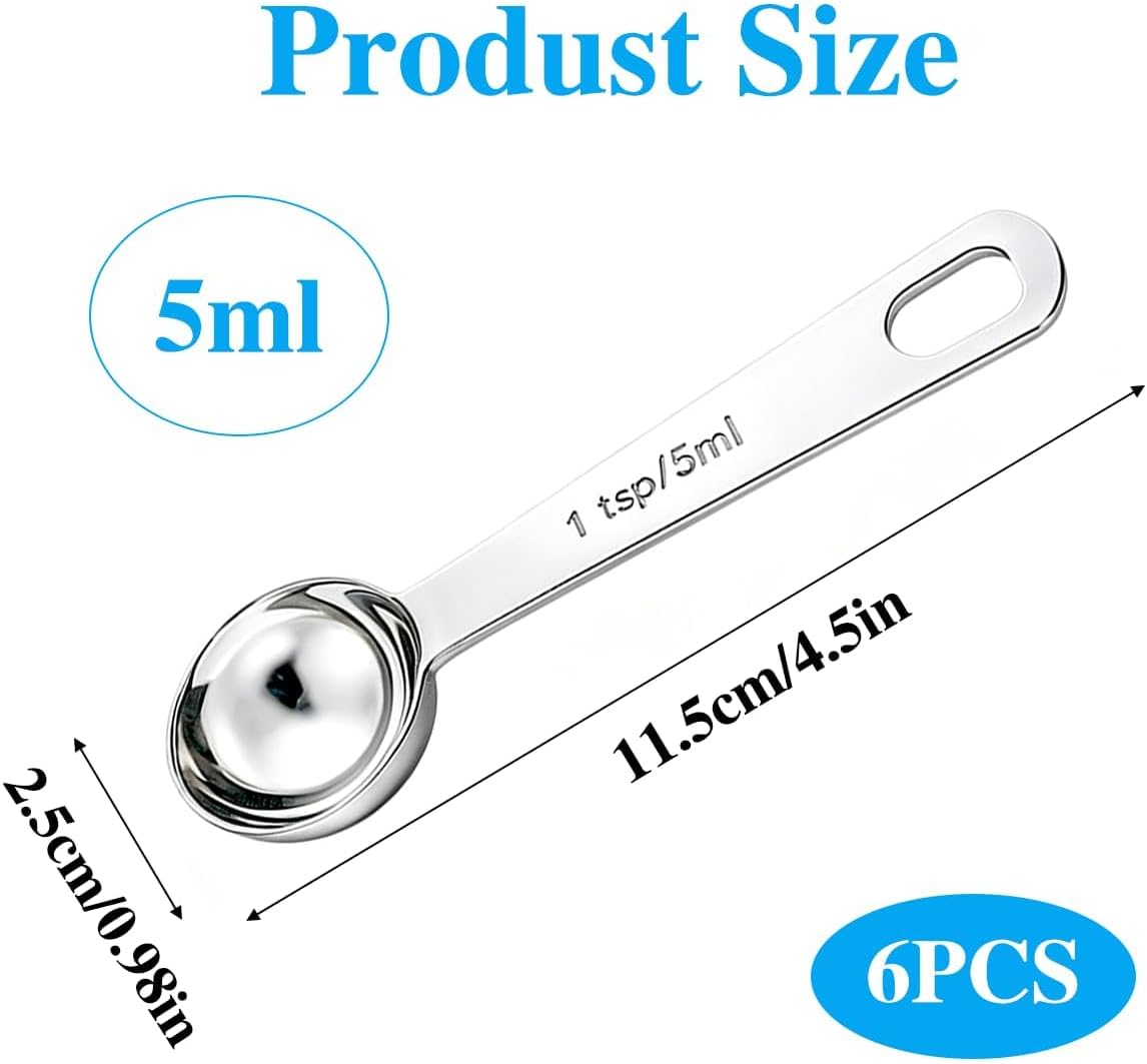 6PCS Teaspoon Measuring Spoons Set(1 Tsp, 5ml), Tablespoon Measuring Spoons Stainless Steel Short Compact Kitchen Scoops for Spices, Baking, and Everyday Cooking