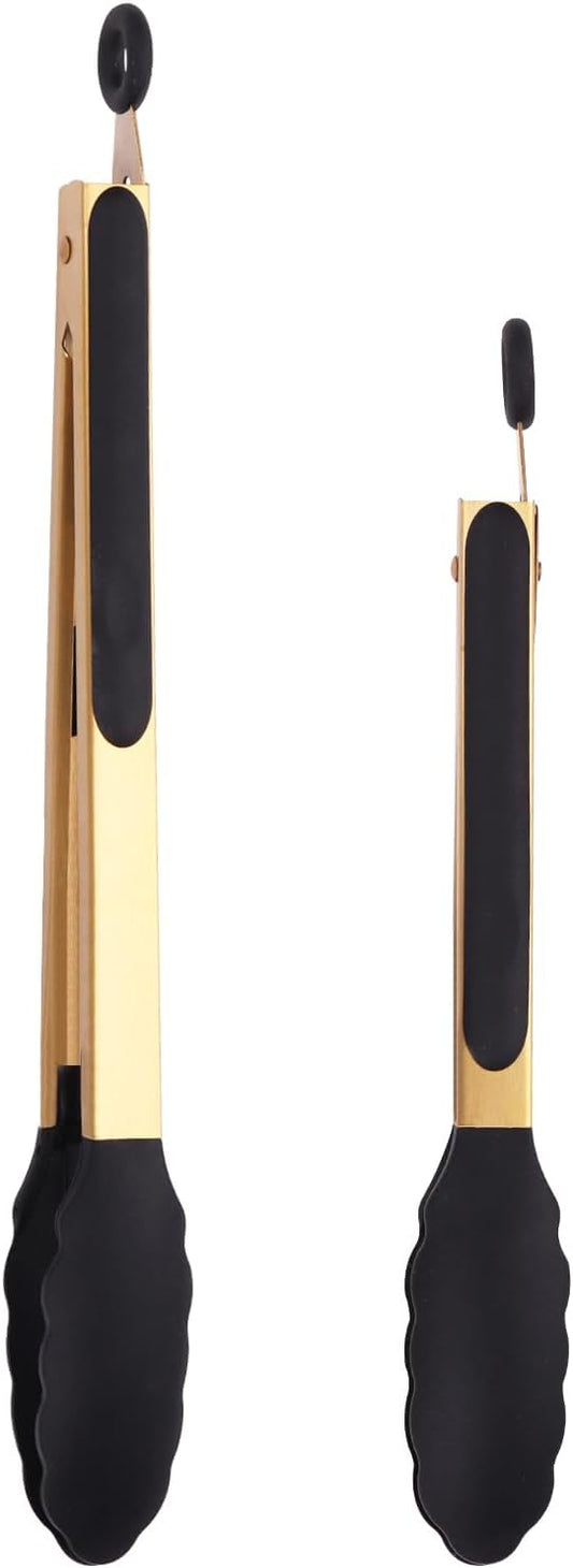 Stainless Steel Classic Kitchen Serving Food Party Gold Tongs 9" and 12" Cooking Tong with BPA Free Silicone Tips, Dishwasher Safe Serving Tools(set of 2)