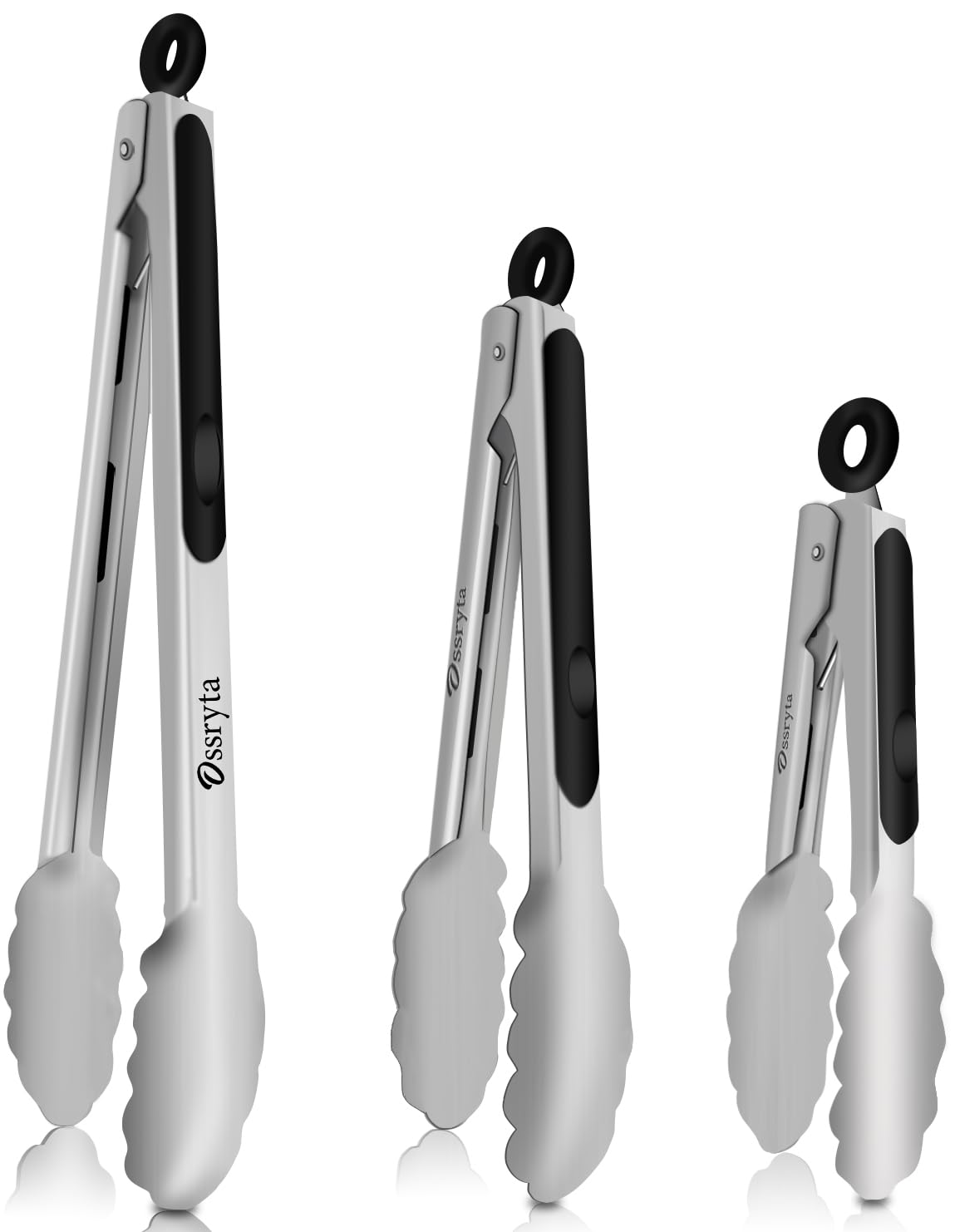 Kitchen Tongs with Silicone Tips - Heat Resistant 600°F Stainless Steel Cooking Tong Set, Non-Stick 7" 9" 12" Locking Silicone Tongs for Cooking, Grilling, Serving & Baking (3-Piece, Black)