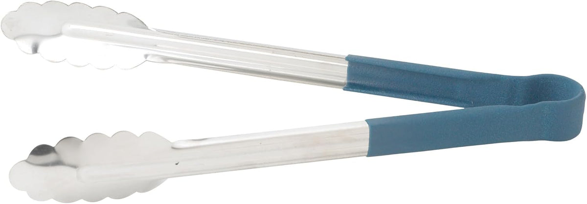 Winco 9" Blue Stainless Steel Serving Tongs with Non-Slip Handle