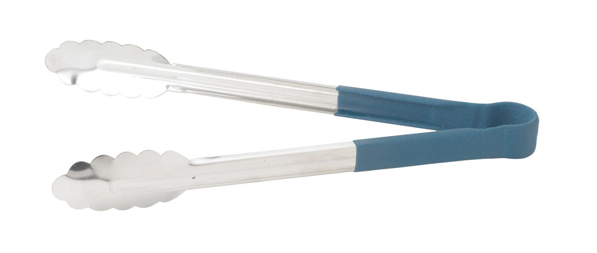 Winco 9" Blue Stainless Steel Serving Tongs with Non-Slip Handle