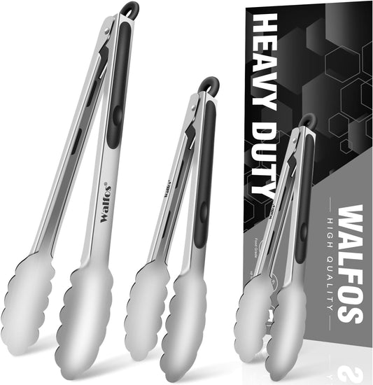 Food Grade Stainless Steel Kitchen Tongs for Cooking,BBQ - 7 ，9 and 12 Inch,Set of 3 Heavy Duty Locking Metal Food Tongs Non-Slip Grip