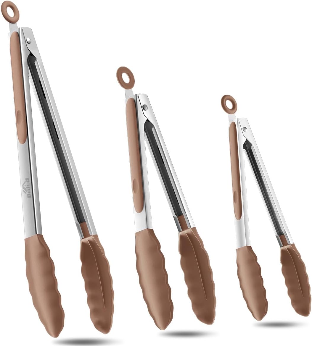 Silicone Kitchen Tongs for Cooking, Stainless Steel, 3PCS, Mud Color