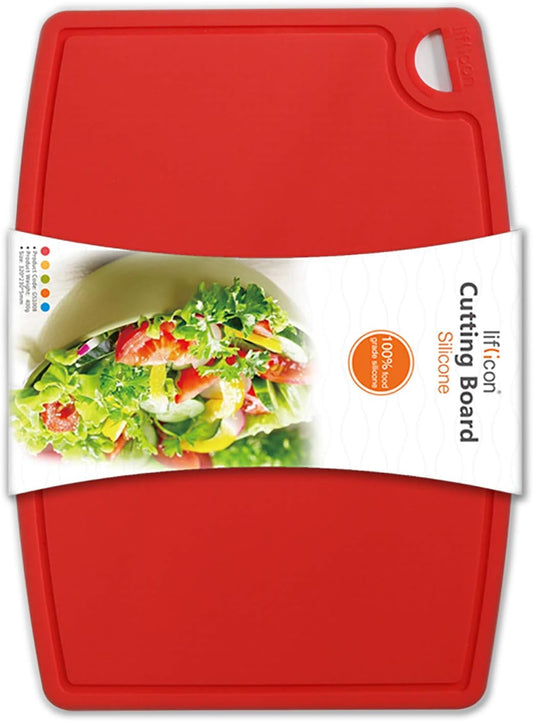 Liflicon Thick Silicone Cutting Board 12.6'' x 9.1'' Juice Grooves Easy Grip Handle Dishwasher Safe-Red