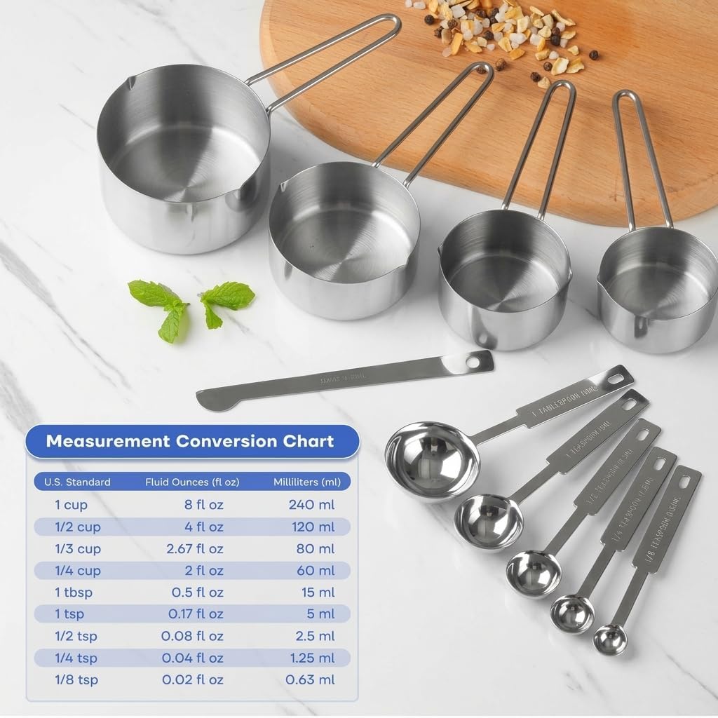 10-Piece Stainless Steel Measuring Cups and Spoons Set for Home Baking Essentials, Dishwasher Safe Kitchen Tools