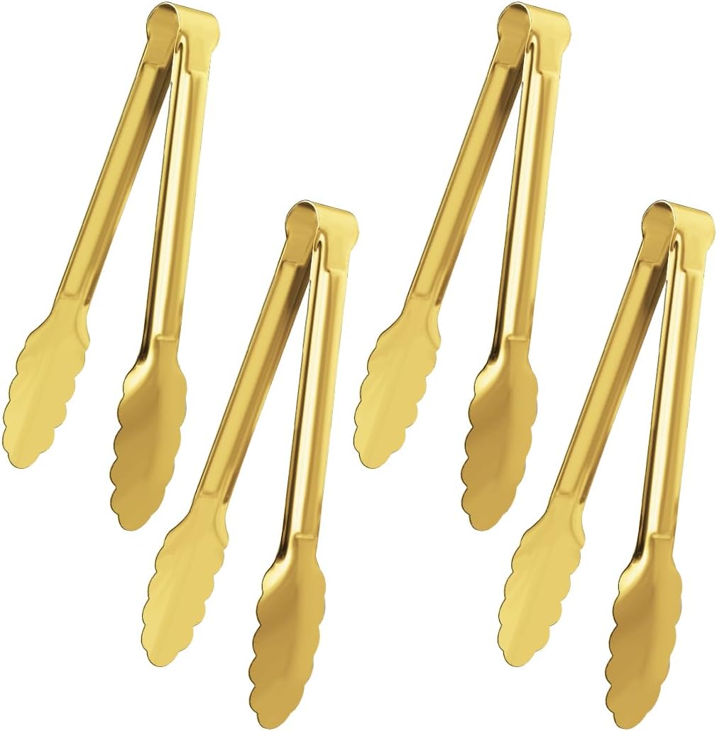 4 Pack Gold Serving Tongs XEVOM Buffet Tongs Serving Utensils Salad Tongs Stainless Steel Gold Plated Buffet Serving Tongs,9 Inch