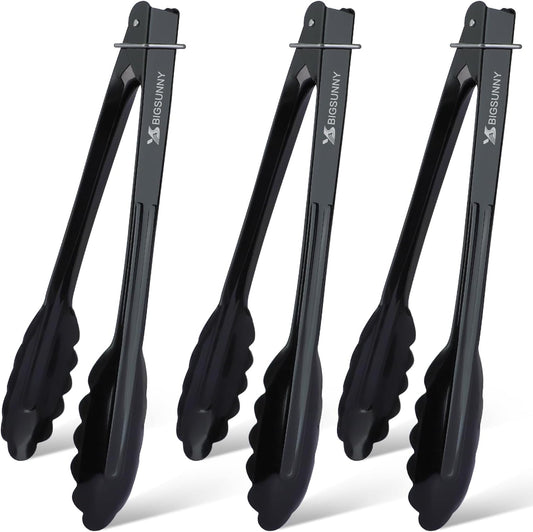 MSY BIGSUNNY 9 Inch Black Aluminum Food Tongs - Set of 3
