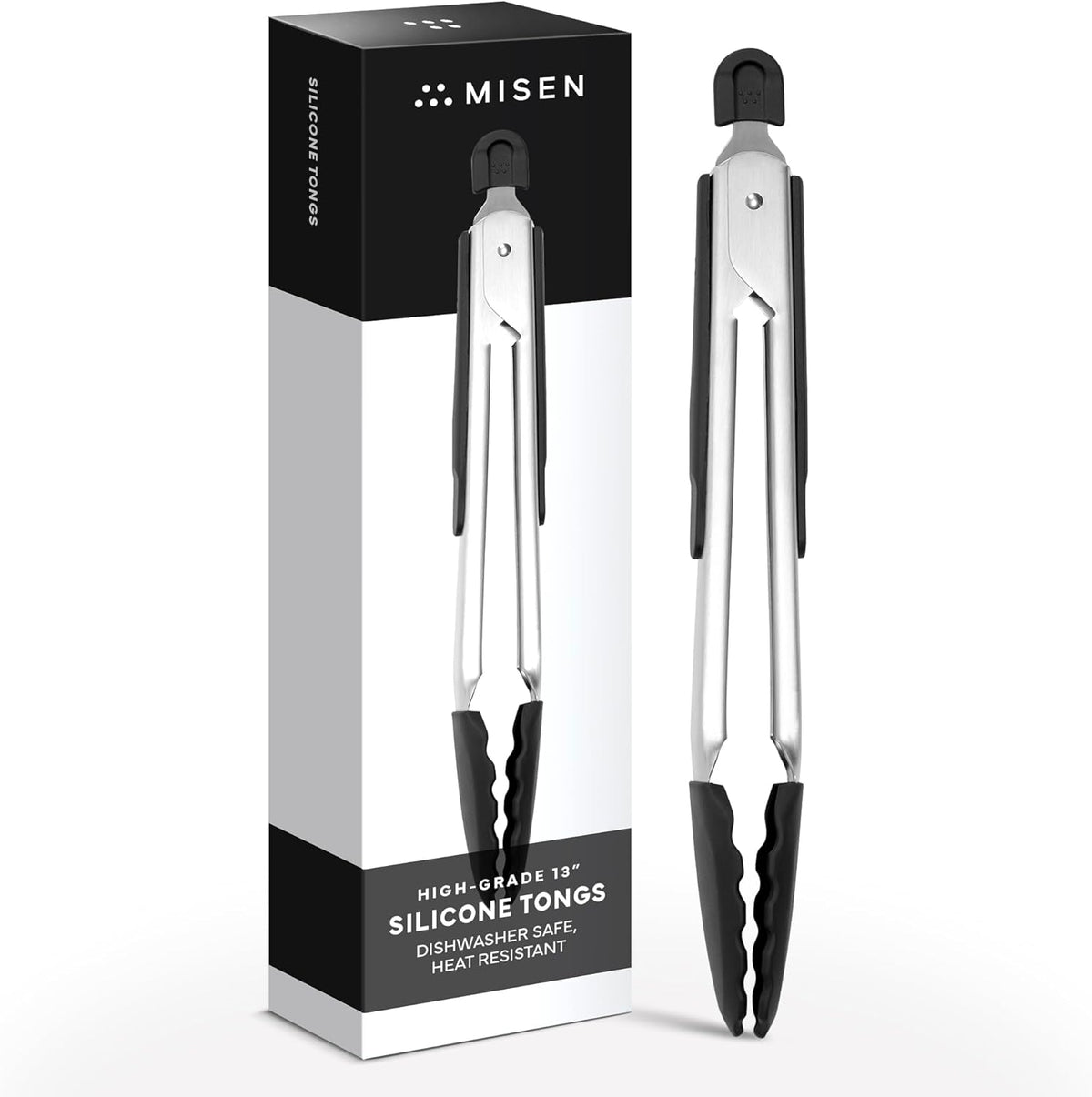 Misen Kitchen Tongs - Dishwasher Safe, Heavy Duty - Precision Silicone-Tipped Grilling Tool - Heat Resistant, Nonstick Safe - Perfect for Serving and Air Frying- 13 Inch | Black
