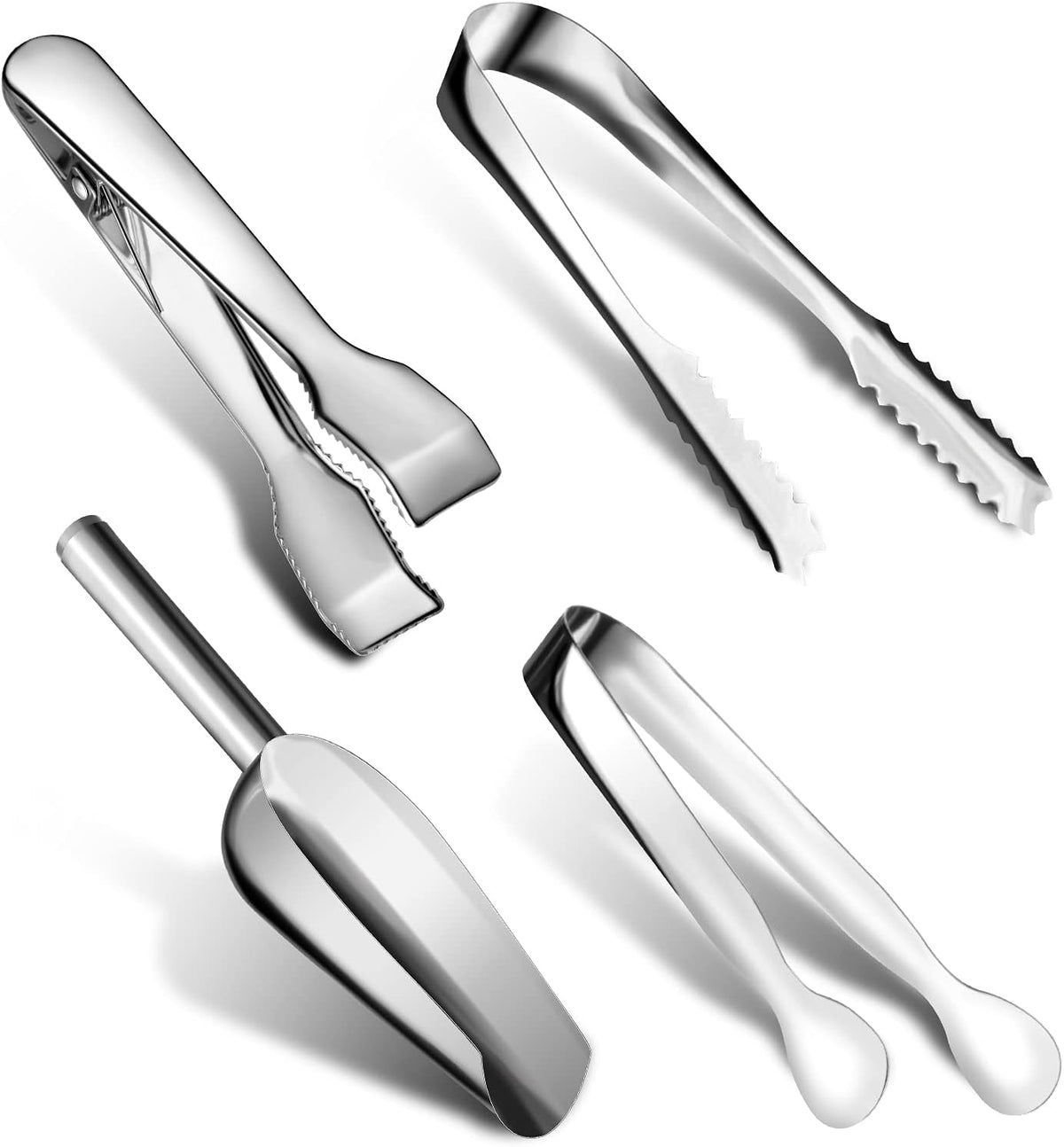 Sieral 4 Pcs Ice Tongs and Scoop for Ice Bucket Kit Silver Stainless