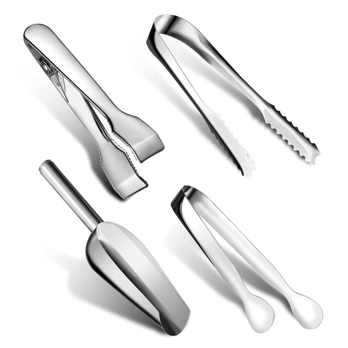 Sieral 4 Pcs Ice Tongs and Scoop for Ice Bucket Kit Silver Stainless