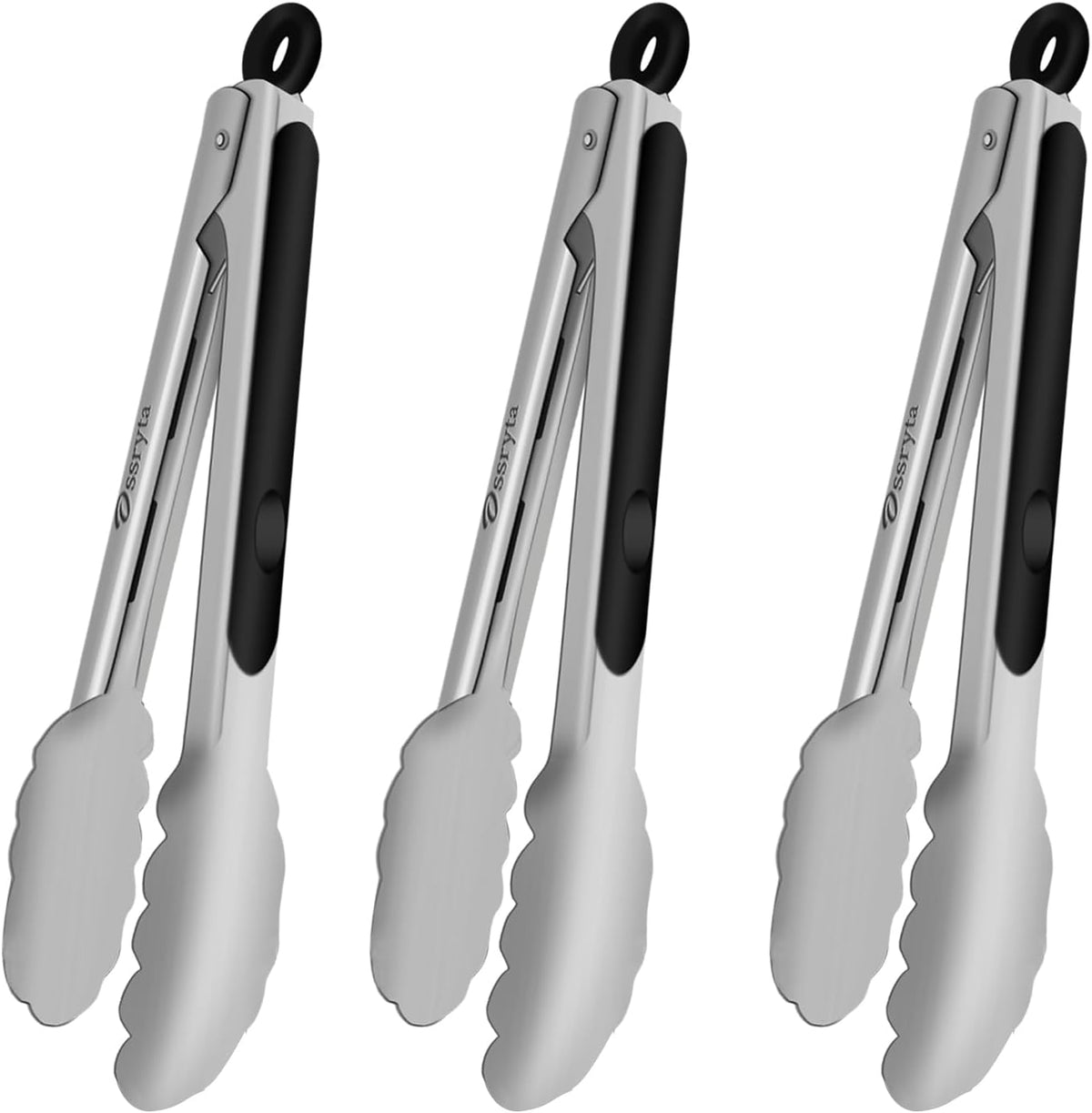 Kitchen Tongs with Silicone Tips - Heat Resistant 600°F Stainless Steel Cooking Tong Set, Non-Stick 7" 9" 12" Locking Silicone Tongs for Cooking, Grilling, Serving & Baking (3-Piece, Black)