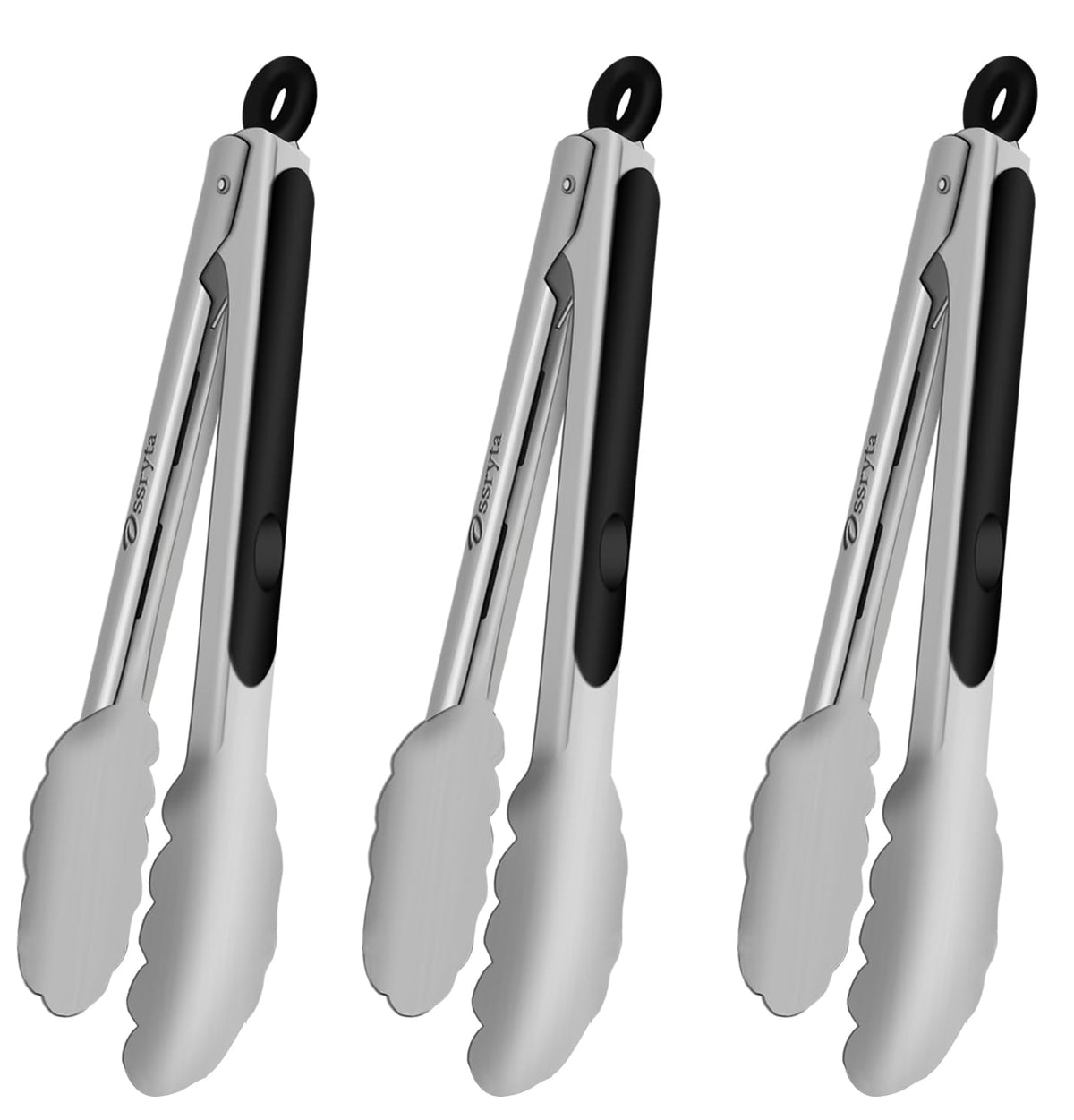 Kitchen Tongs with Silicone Tips - Heat Resistant 600°F Stainless Steel Cooking Tong Set, Non-Stick 7" 9" 12" Locking Silicone Tongs for Cooking, Grilling, Serving & Baking (3-Piece, Black)