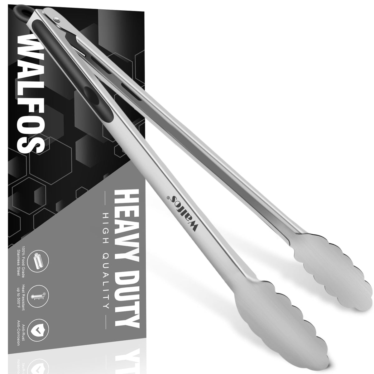 Walfos Kitchen Tongs for Cooking, 600℉ Heat Resistant Stainless Steel Tongs, All Metal Heavy Duty Tongs For Food ,BBQ Grilling - 7 ，9 and 12 Inch ,Set of 3