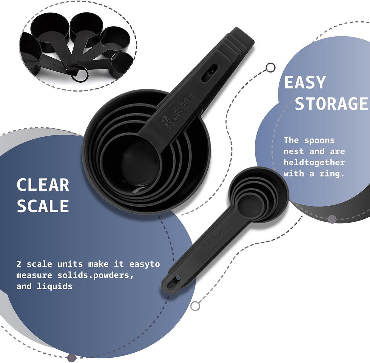 Inmorven 10pcs Measuring Cups and Spoons Set, BPA-Free Plastic Kitchen Baking Tools with Engraved Markings, Stackable Design for Dry & Liquid Ingredients (Black)