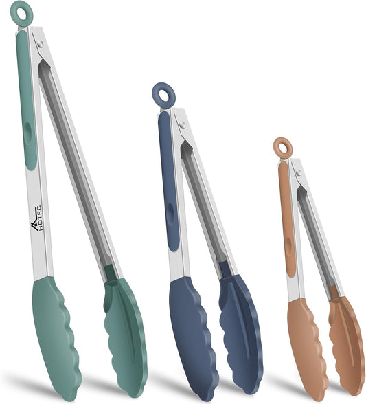 HOTEC Stainless Steel Kitchen Tongs with Silicone Tips, Set of 3-7",9" &12"