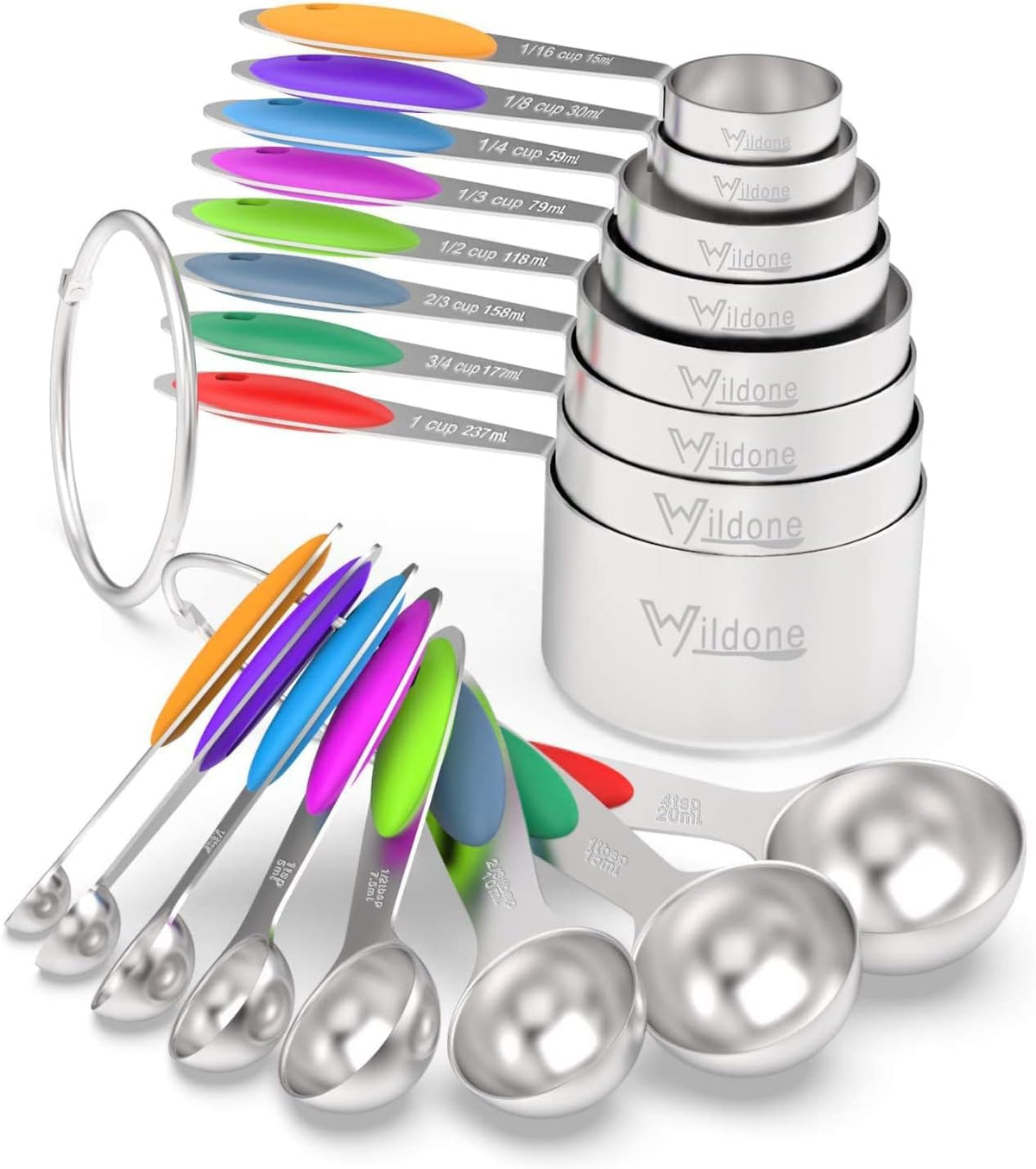 Wildone Stainless Measuring Cups and Spoons Set with Silicone Handle, 16pcs