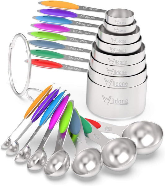 Wildone Stainless Measuring Cups and Spoons Set with Silicone Handle, 16pcs