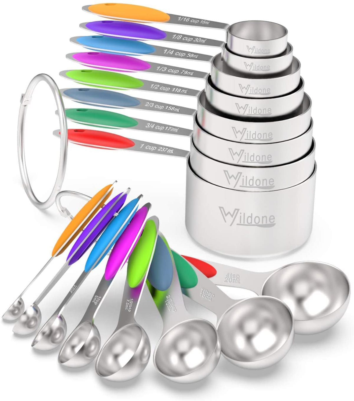 Wildone Stainless Measuring Cups and Spoons Set with Silicone Handle, 16pcs