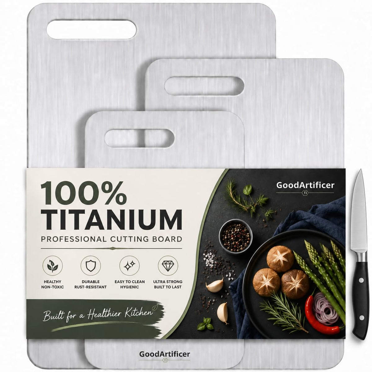 Titanium Cutting Boards Set of 3, 100% Pure Titanium Kitchen Cutting Board, Double-Sided Non-Toxic Cutting Board, Ideal for Slicing and Dicing Meats, Features Handle, Dishwasher Safe