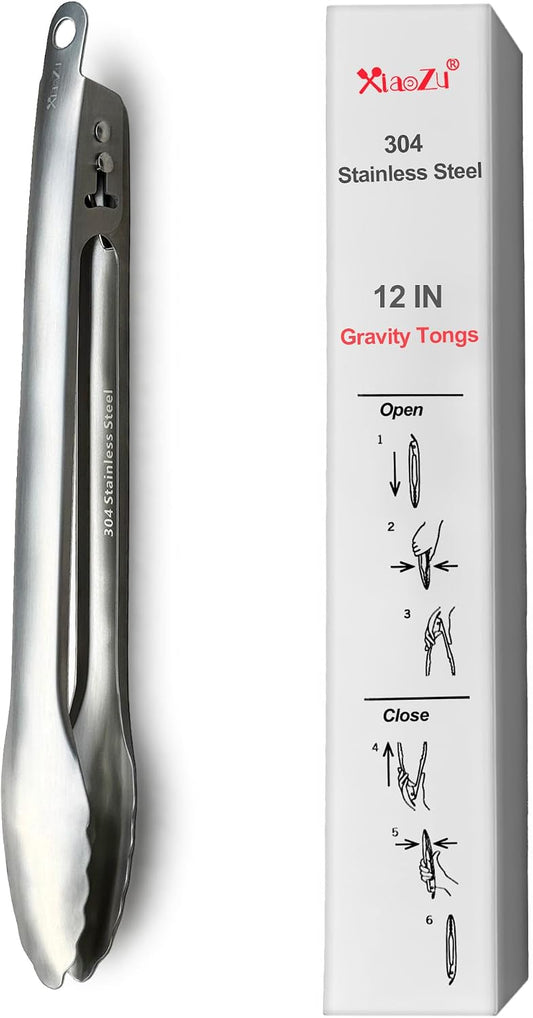 Kitchen Tongs for Cooking, Metal One-Handed Lock & Release Tong 12"