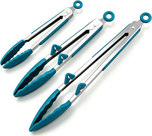 Kitchen Tongs for Cooking with Silicone Tips, 3 Size Mini Tong Peacock Blue