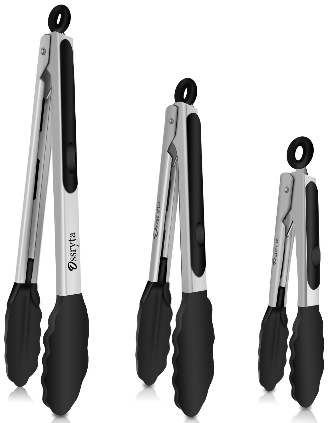 Kitchen Tongs with Silicone Tips - Heat Resistant 600°F Stainless Steel Cooking Tong Set, Non-Stick 7" 9" 12" Locking Silicone Tongs for Cooking, Grilling, Serving & Baking (3-Piece, Black)