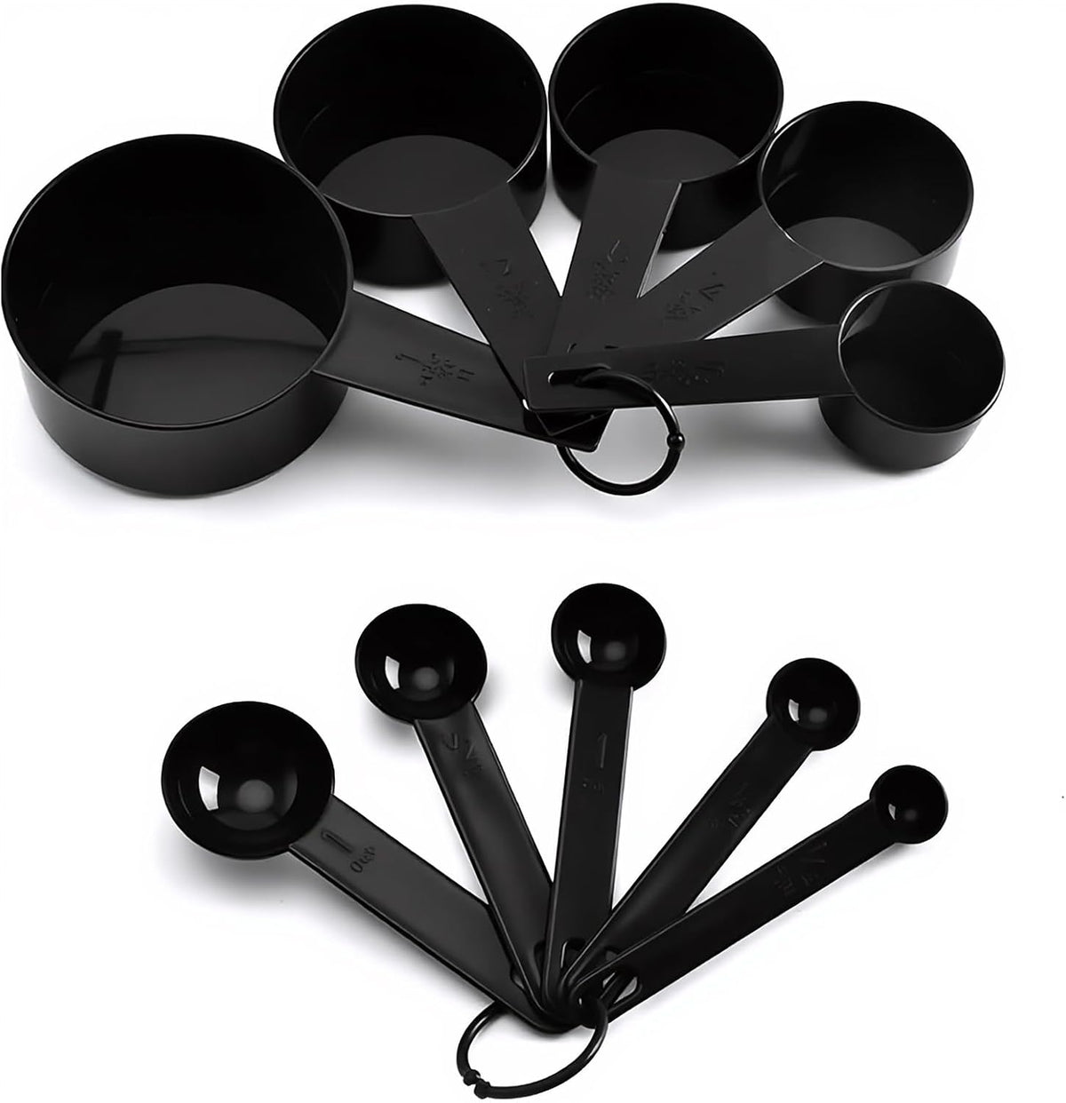 Inmorven 10pcs Measuring Cups and Spoons Set, BPA-Free Plastic Kitchen Baking Tools with Engraved Markings, Stackable Design for Dry & Liquid Ingredients (Black)