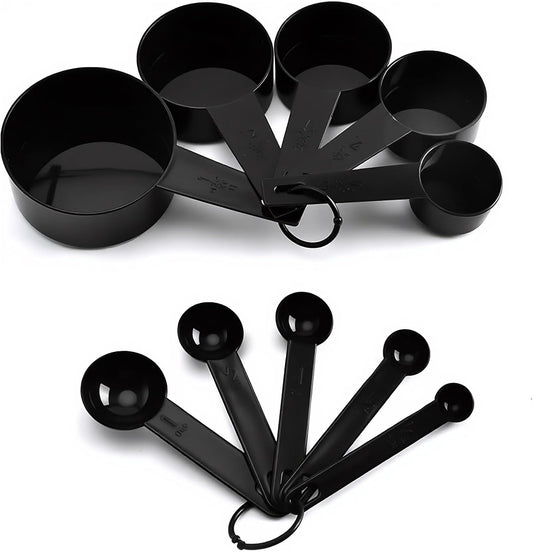 Inmorven 10pcs Measuring Cups and Spoons Set, BPA-Free Plastic Kitchen Baking Tools with Engraved Markings, Stackable Design for Dry & Liquid Ingredients (Black)