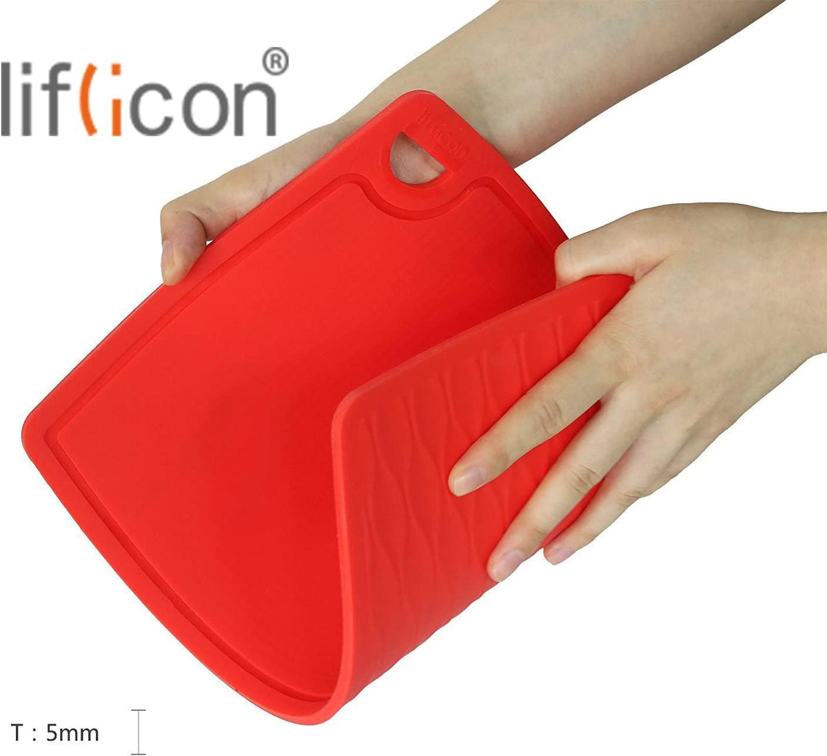Liflicon Thick Silicone Cutting Board 12.6'' x 9.1'' Juice Grooves Easy Grip Handle Dishwasher Safe-Red