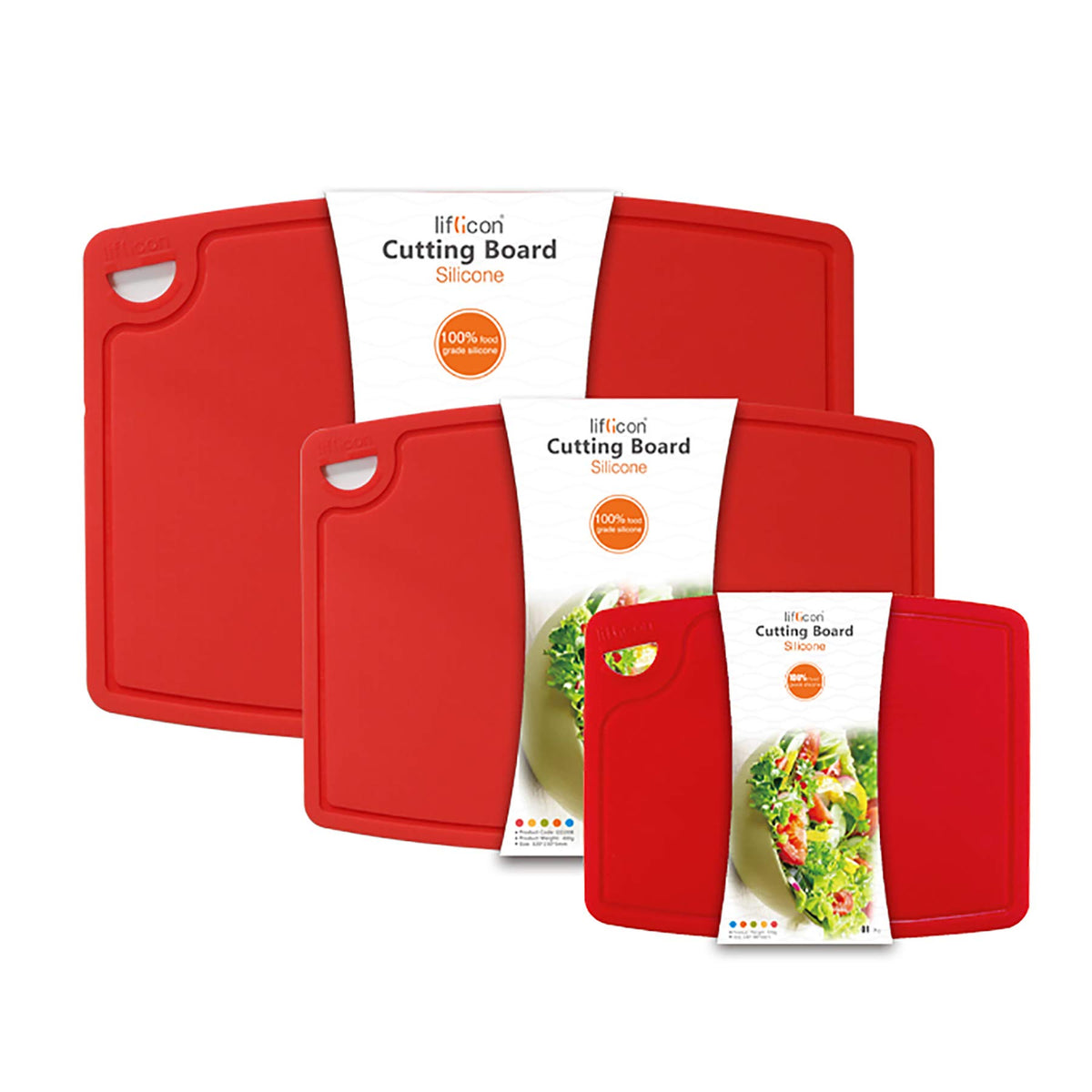 Liflicon Thick Silicone Cutting Board 12.6'' x 9.1'' Juice Grooves Easy Grip Handle Dishwasher Safe-Red