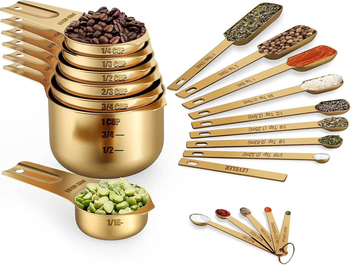 Wildone Copper Plated Measuring Cups & Spoons Set of 21 - Includes 7 Stainless Steel Nesting Measuring Cups, 8 Measuring Spoons, 1 Leveler & 5 Mini Measuring Spoons, Ideal for Dry & Liquid Ingredients