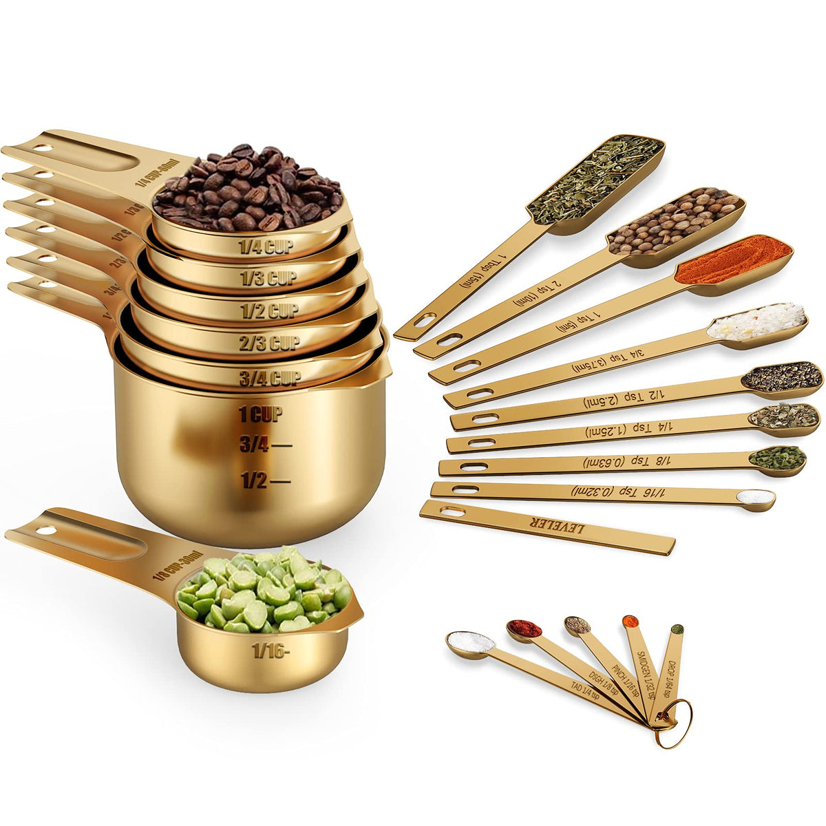 Wildone Copper Plated Measuring Cups & Spoons Set of 21 - Includes 7 Stainless Steel Nesting Measuring Cups, 8 Measuring Spoons, 1 Leveler & 5 Mini Measuring Spoons, Ideal for Dry & Liquid Ingredients