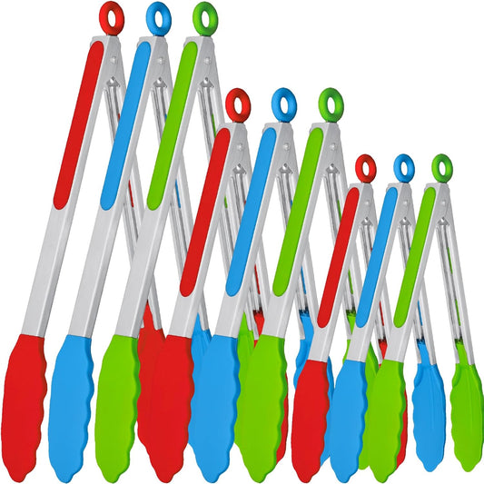 9 Pieces Silicone Tongs for Cooking 7,9,12 inches Kitchen Tongs with Silicone Tip Stainless Steel Heat Resistant Cooking Tongs for Food Grill Salad BBQ Frying and Serving, 3 Color