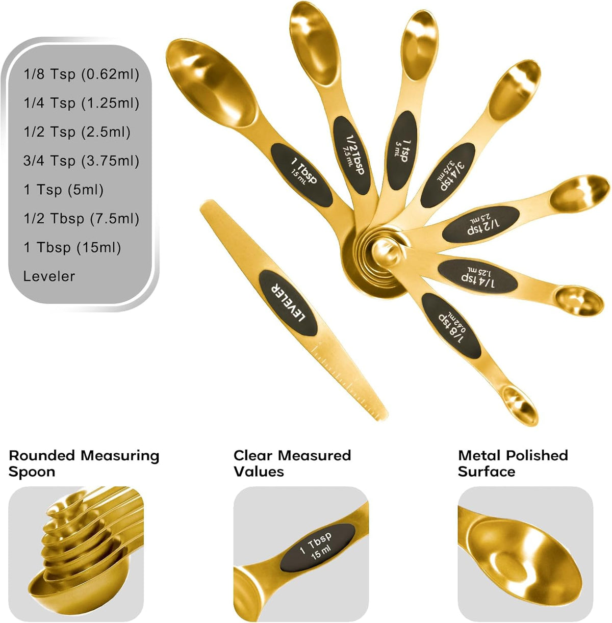 Magnetic Measuring Cups and Spoons Set of 15-304 Stainless Steel Gold Cups