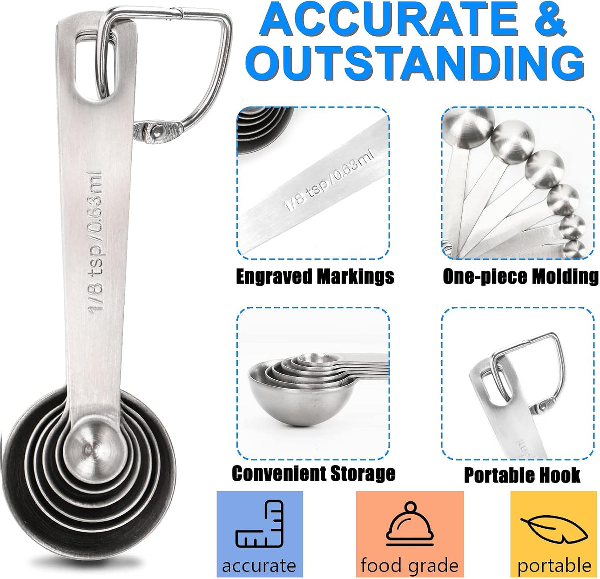 Measuring Spoons, 6-Piece Heavy Duty Stainless Steel Measuring Spoons Set