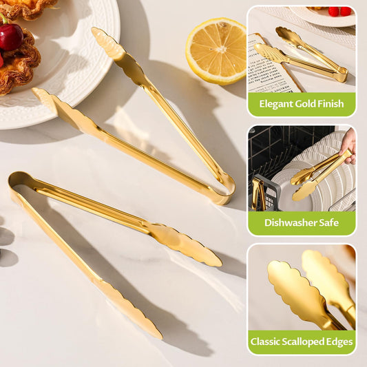 Gold Serving Tongs, 6-Pack 7-Inch Stainless Steel Buffet Tongs