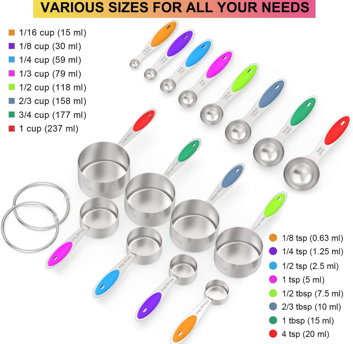 Wildone Stainless Measuring Cups and Spoons Set with Silicone Handle, 16pcs