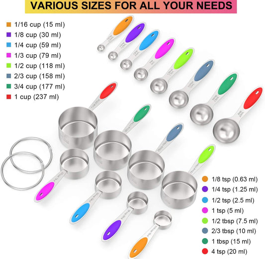 Wildone Stainless Measuring Cups and Spoons Set with Silicone Handle, 16pcs