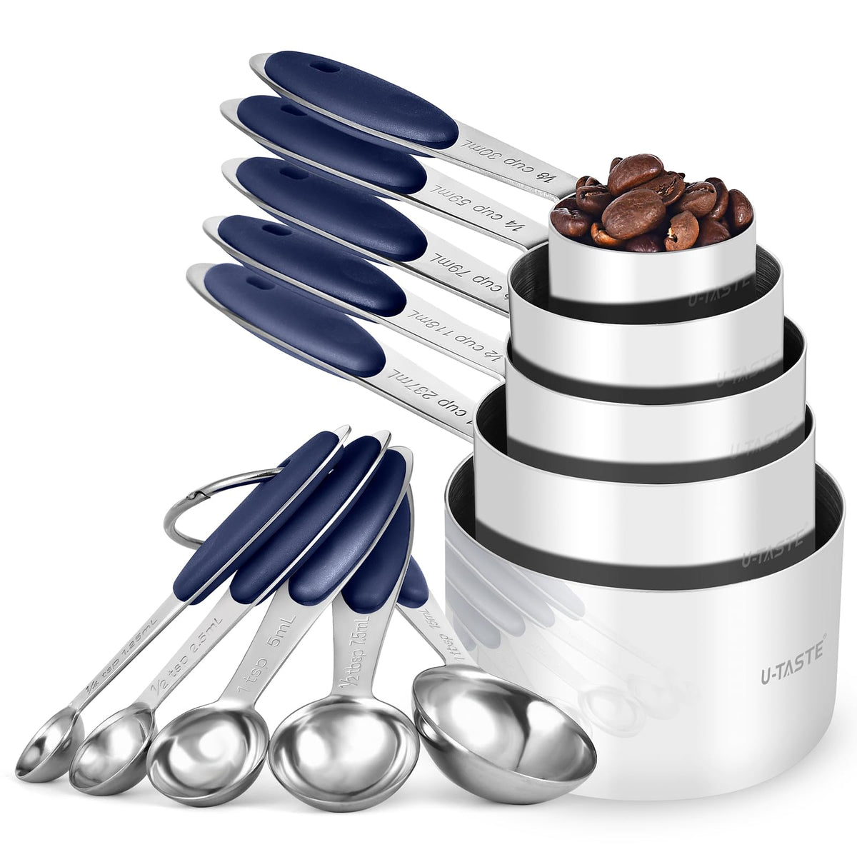 U-Taste Measuring Cups Spoons Set, 18/8 Stainless Steel, 10Pc/Midnight Blue