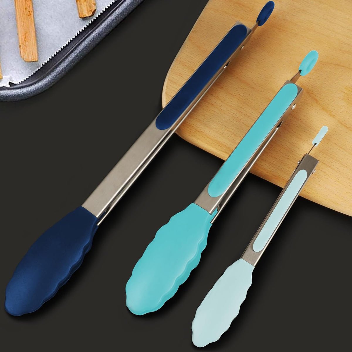 HOTEC Stainless Steel Kitchen Tongs with Silicon Tips, Set of 3-7", 9" &12"