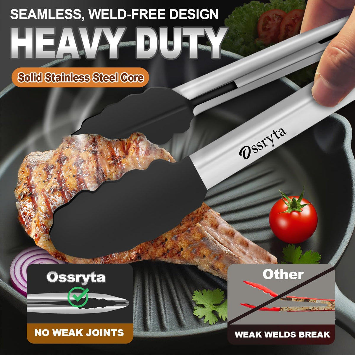 Kitchen Tongs with Silicone Tips - Heat Resistant 600°F Stainless Steel Cooking Tong Set, Non-Stick 7" 9" 12" Locking Silicone Tongs for Cooking, Grilling, Serving & Baking (3-Piece, Black)