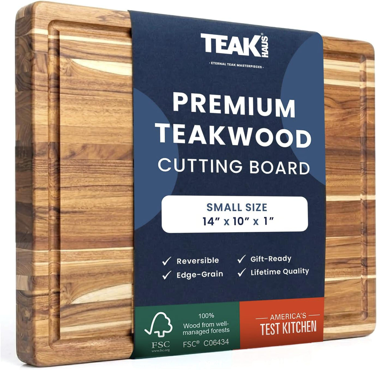 Teakhaus Edge-Grain Teak Wood Cutting Board with Juice Groove, Small
