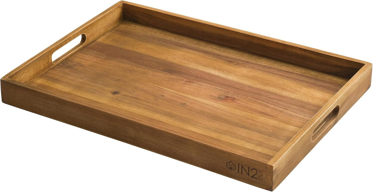 Acacia Wood Cutting Board with Juice Groove & Teak-Look Serving Tray Set