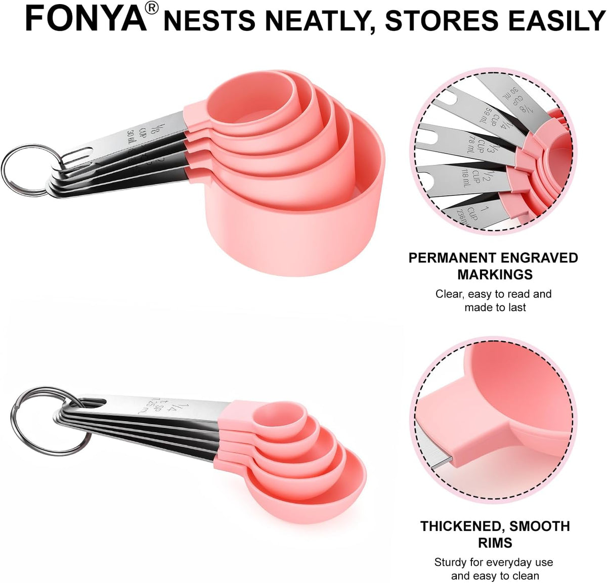 Measuring Cups and Spoons Set, 10-Piece with Stainless Steel Handles, Pink
