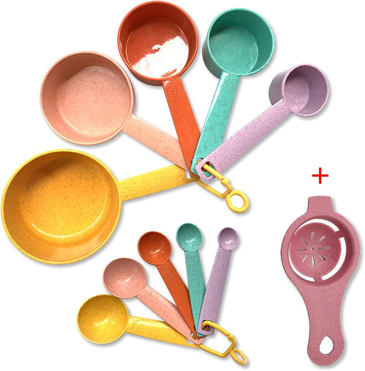 Plastic Measuring Cups and Spoons Set - 10 Pcs Colorful Kitchen Measuring Tool, Engraved Metric/US Markings Stackable Silicone Measure Cup for Liquid & Dry Measuring, Cooking & Baking, Random Color